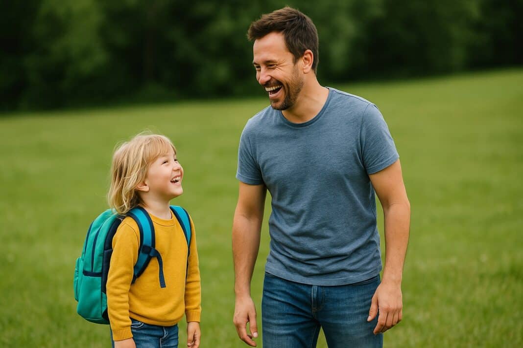 Vater und Kind lachen gemeinsam auf einer grünen Wiese