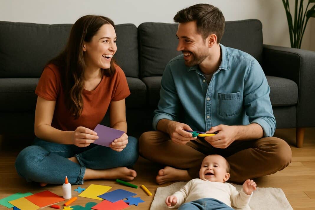 Kreatives Familienchaos – Eltern basteln mit Baby auf dem Wohnzimmerboden