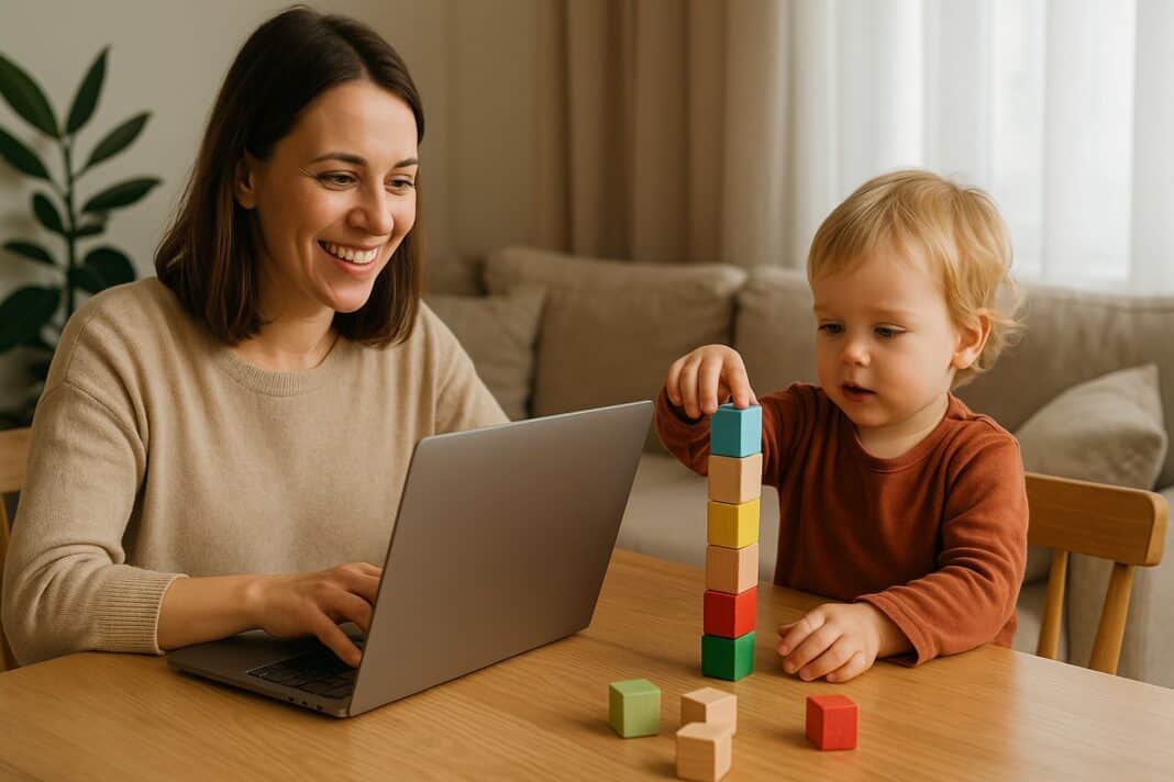 Multitasking mit Herz – Mama arbeitet, während das Kind spielt