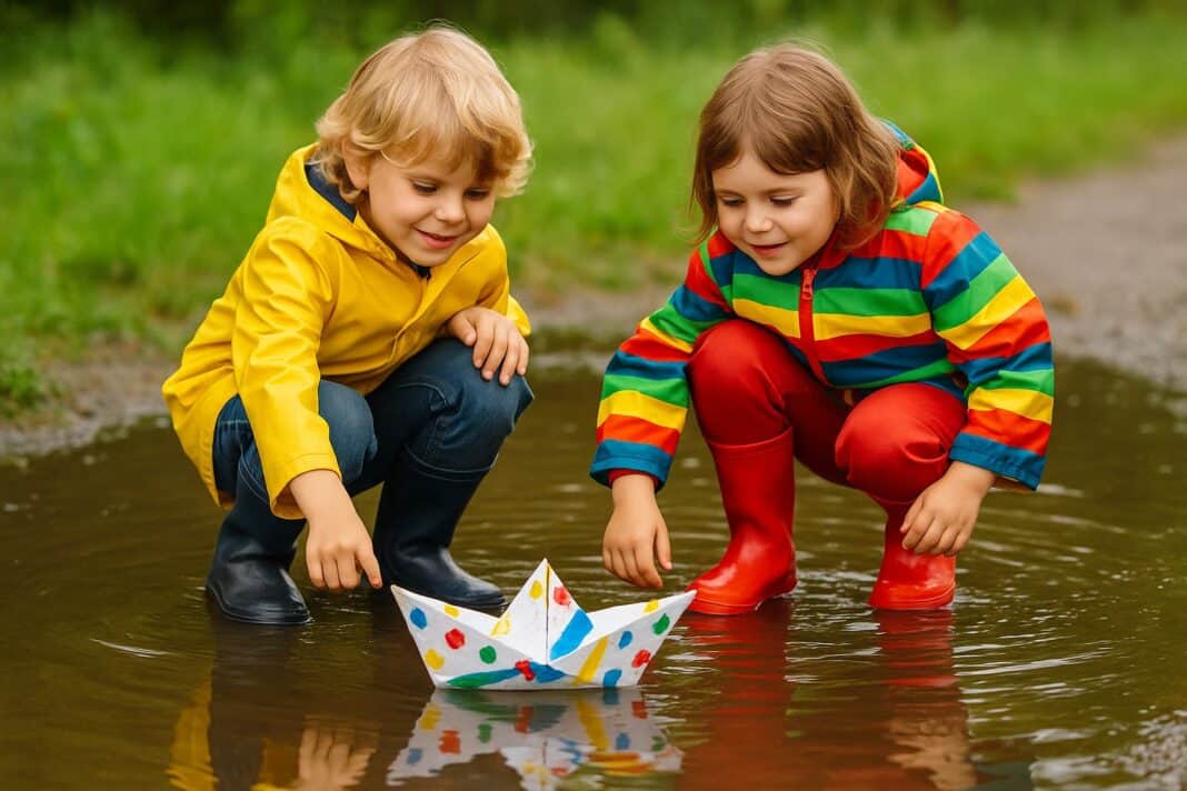Zwei Kinder in bunten Regenjacken und Gummistiefeln beobachten gespannt, wie ihr selbst gebasteltes Papierschiff in einer großen Pfütze losschippert.