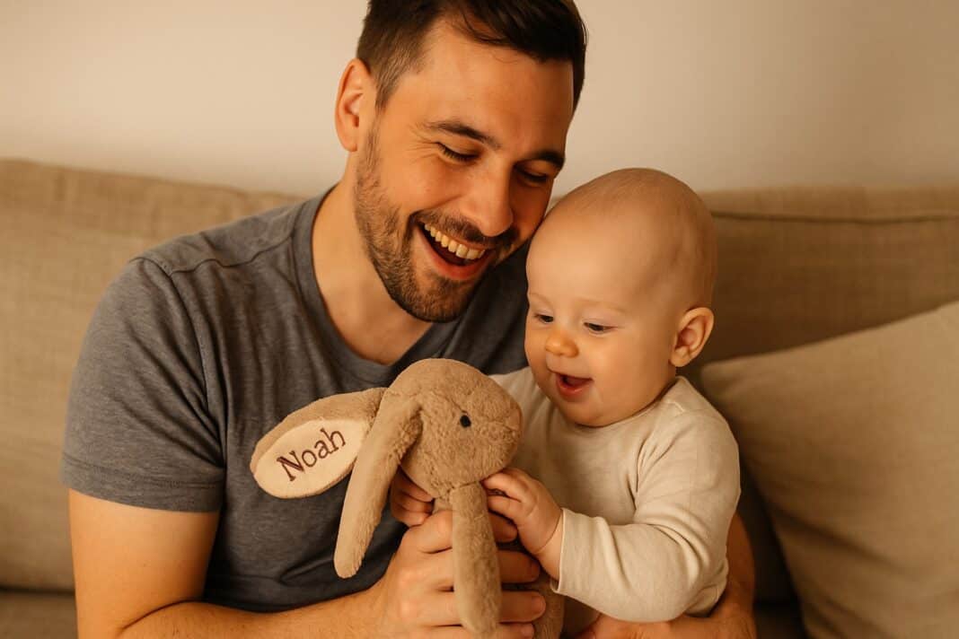 Kuschelige Nähe: Papa-Moment mit personalisiertem Lieblingsfreund