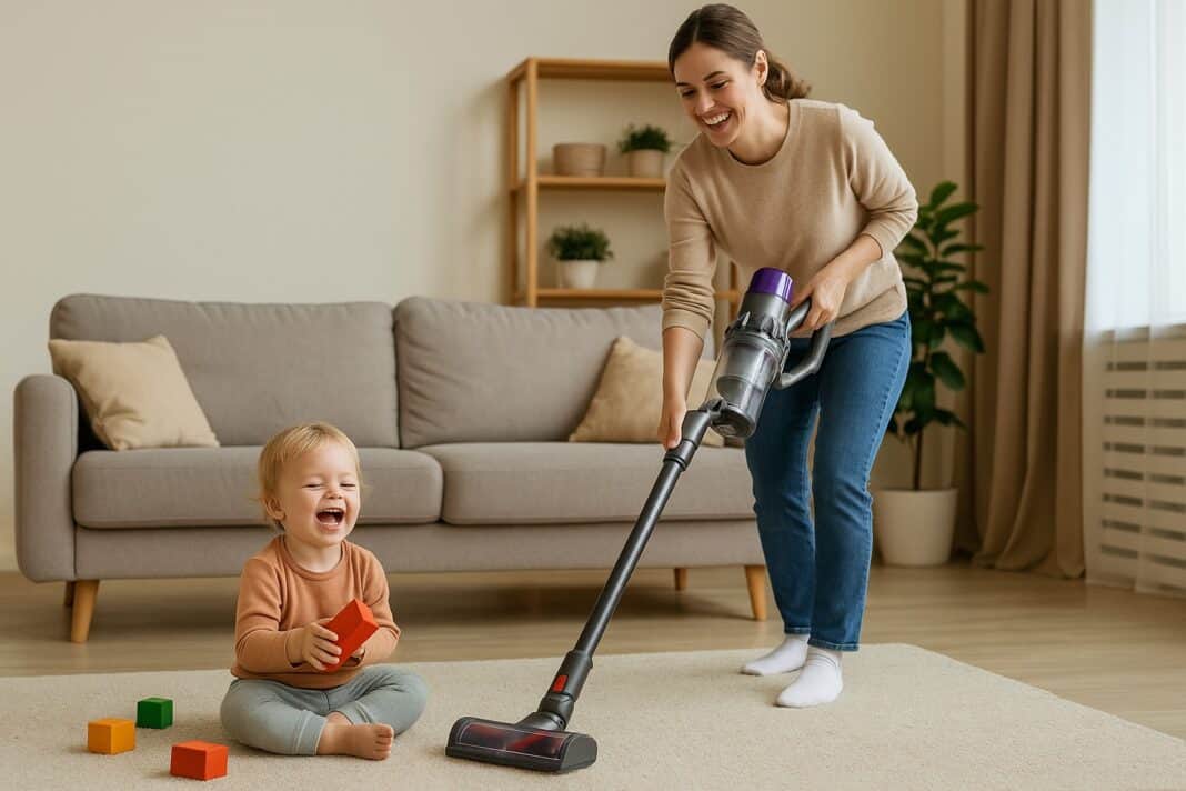 Multitasking mit einem Lächeln – Mama saugt, das Kind baut