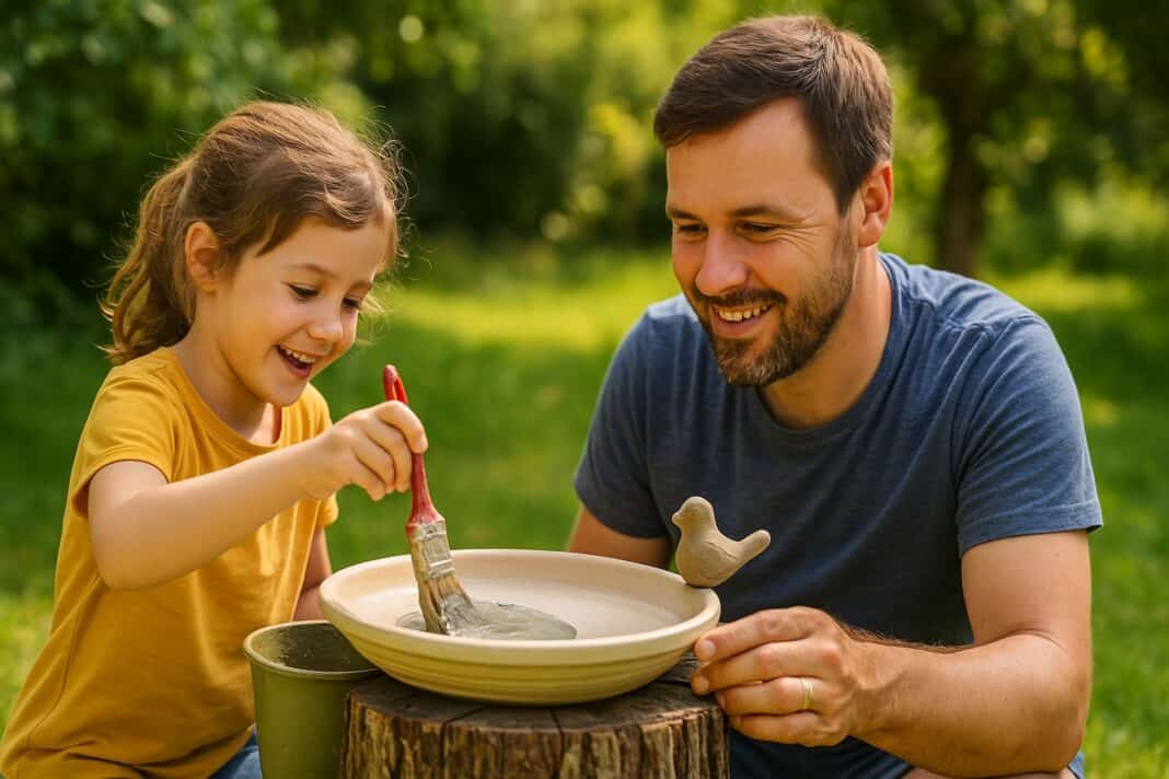 Ein Vater und seine Tochter bauen im Garten mit viel Spaß ihre erste selbstgemachte Vogeltränke.